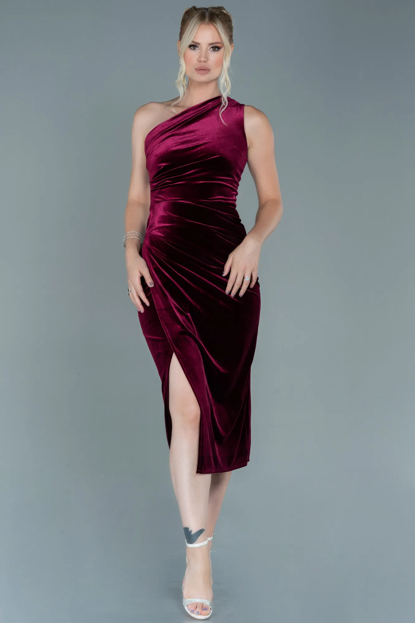 Burgundy-Midi Velvet Invitation Dress ABK1501