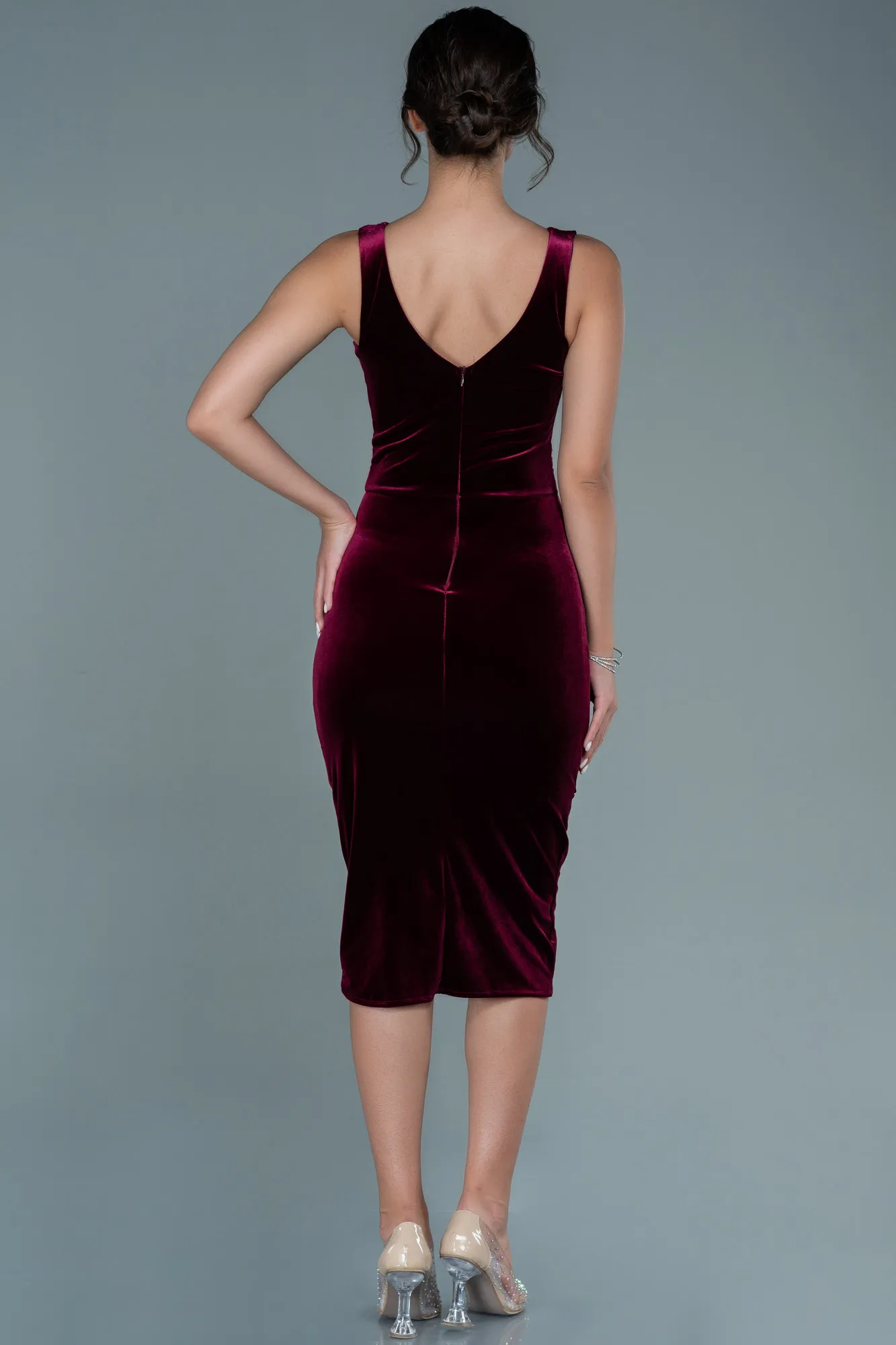 Burgundy-Midi Velvet Invitation Dress ABK1503