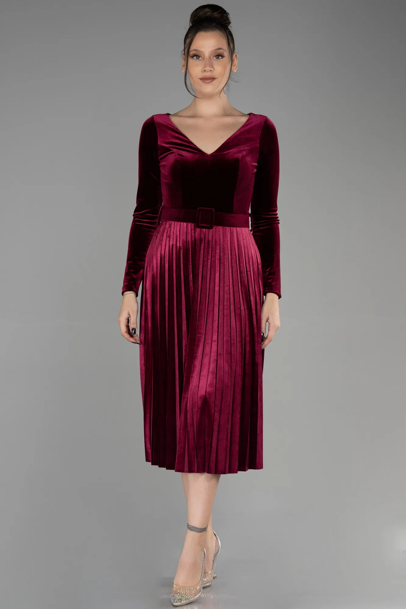 Burgundy-Midi Velvet Invitation Dress ABK1870