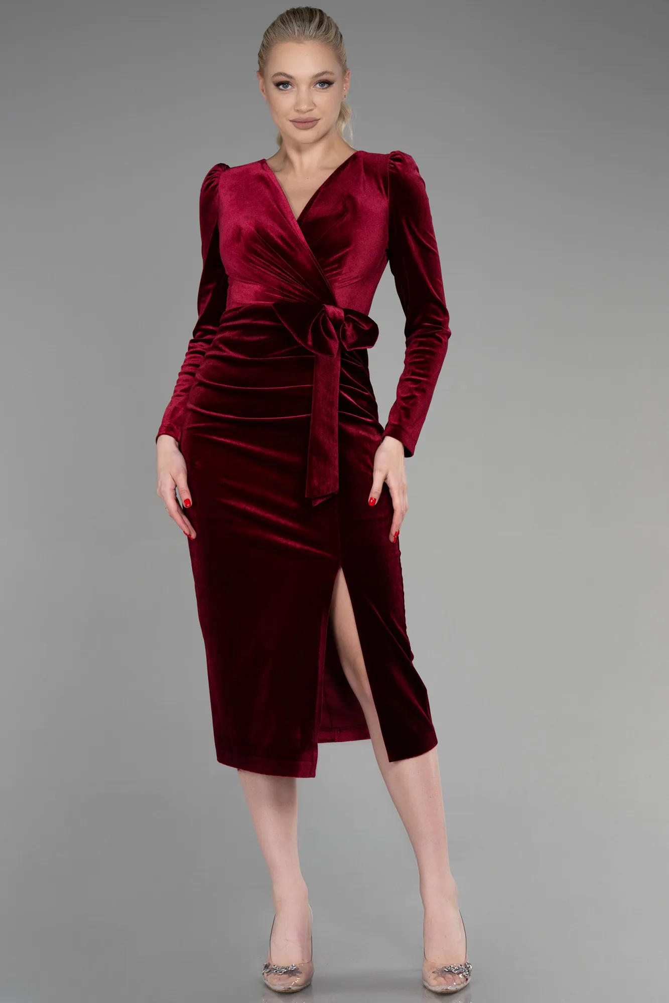 Burgundy-Midi Velvet Invitation Dress ABK1896