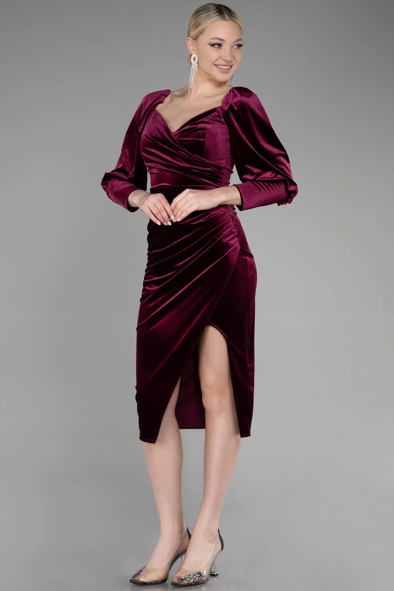 Burgundy-Midi Velvet Invitation Dress ABK1921