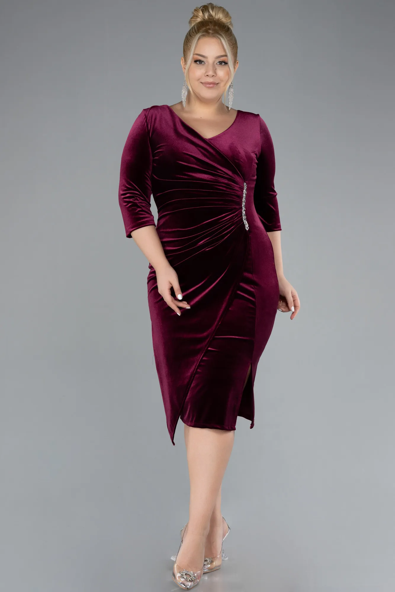 Burgundy-Midi Velvet Plus Size Cocktail Dress ABK2156