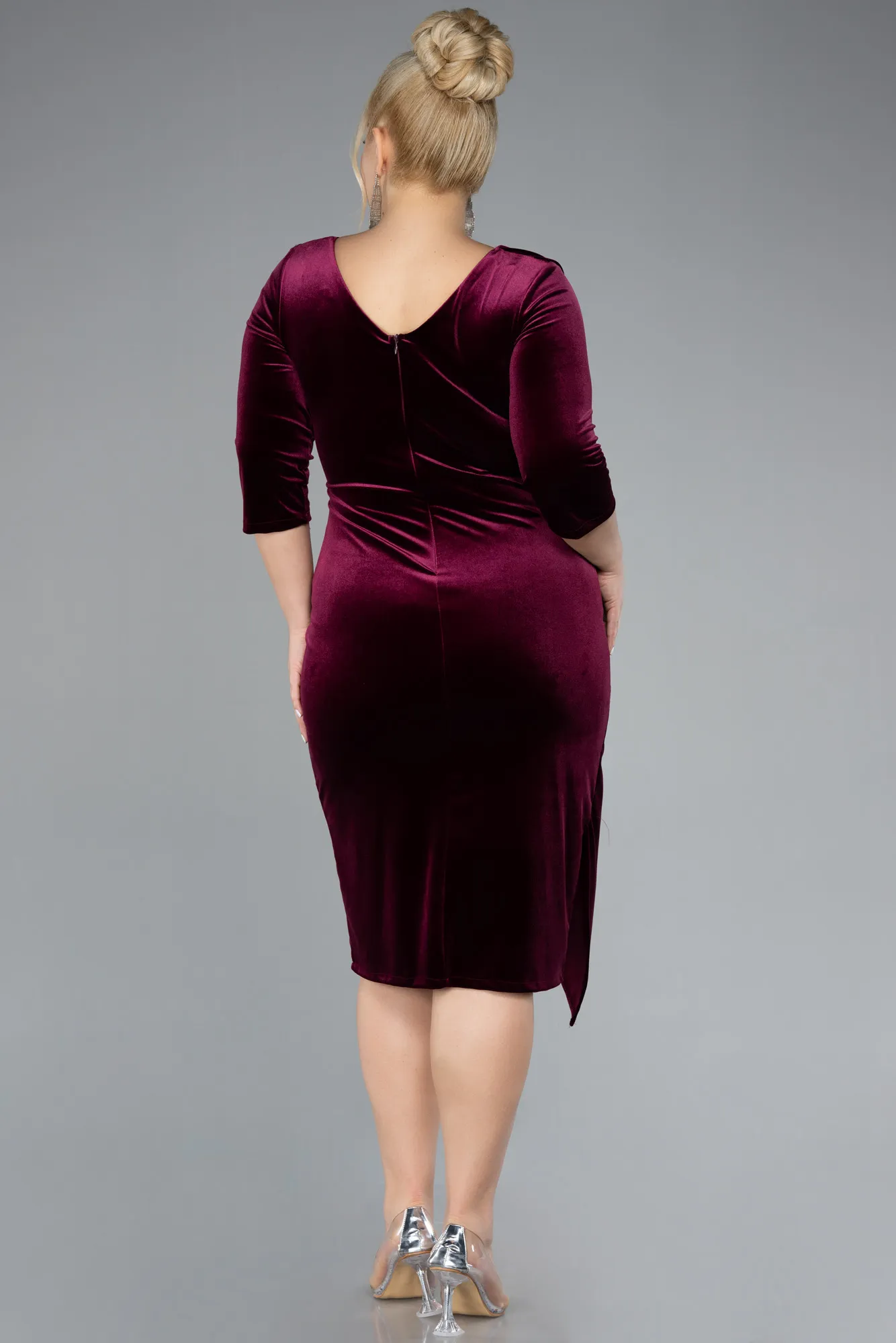 Burgundy-Midi Velvet Plus Size Cocktail Dress ABK2156