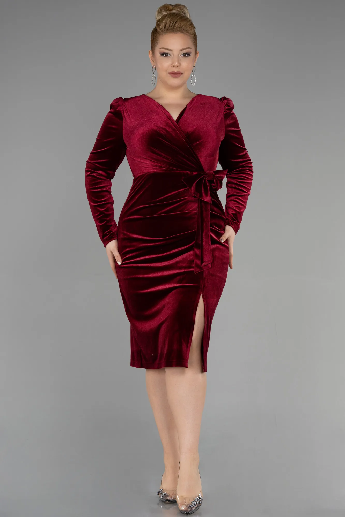 Burgundy-Midi Velvet Plus Size Invitation Dress ABK1931