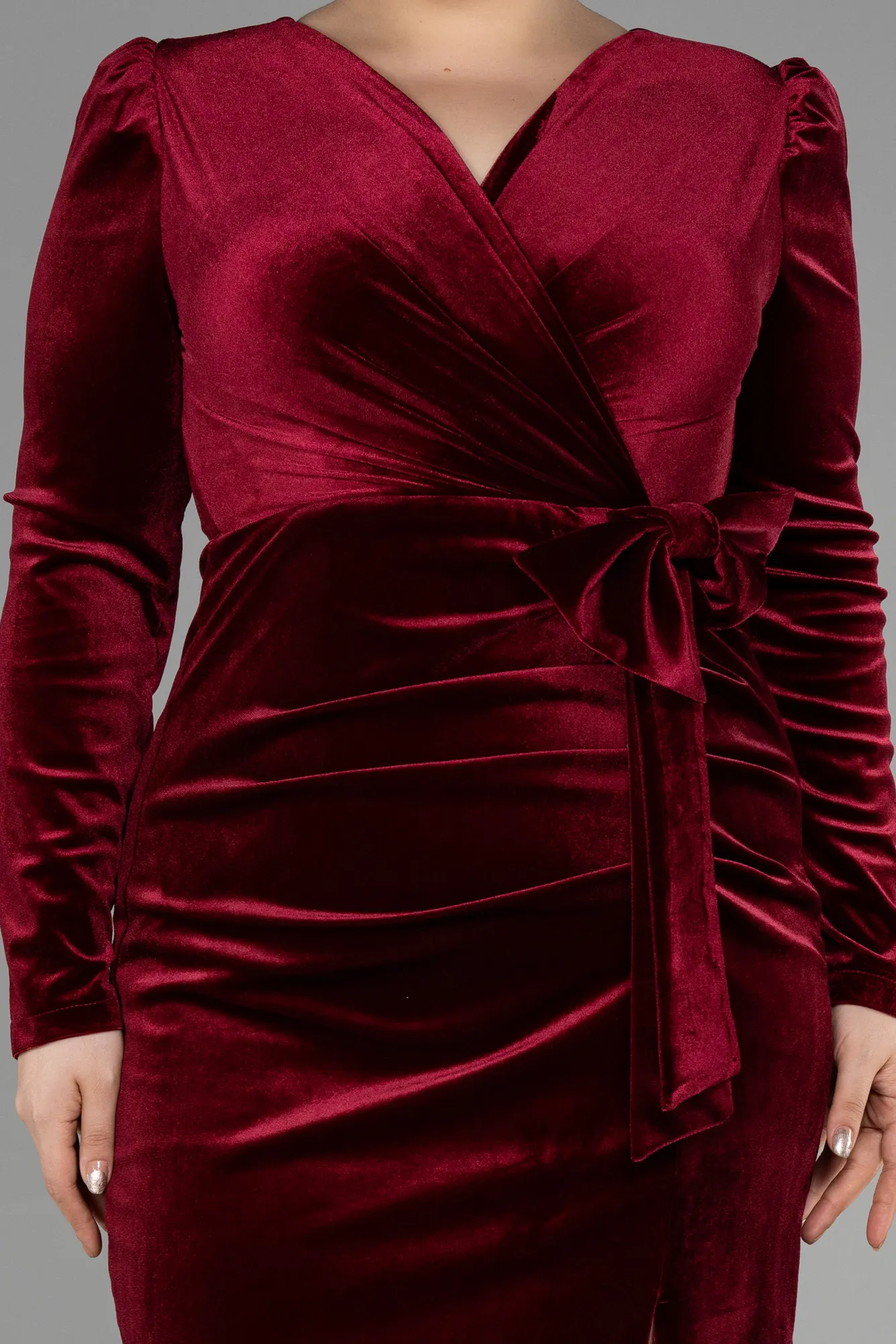 Burgundy-Midi Velvet Plus Size Invitation Dress ABK1931