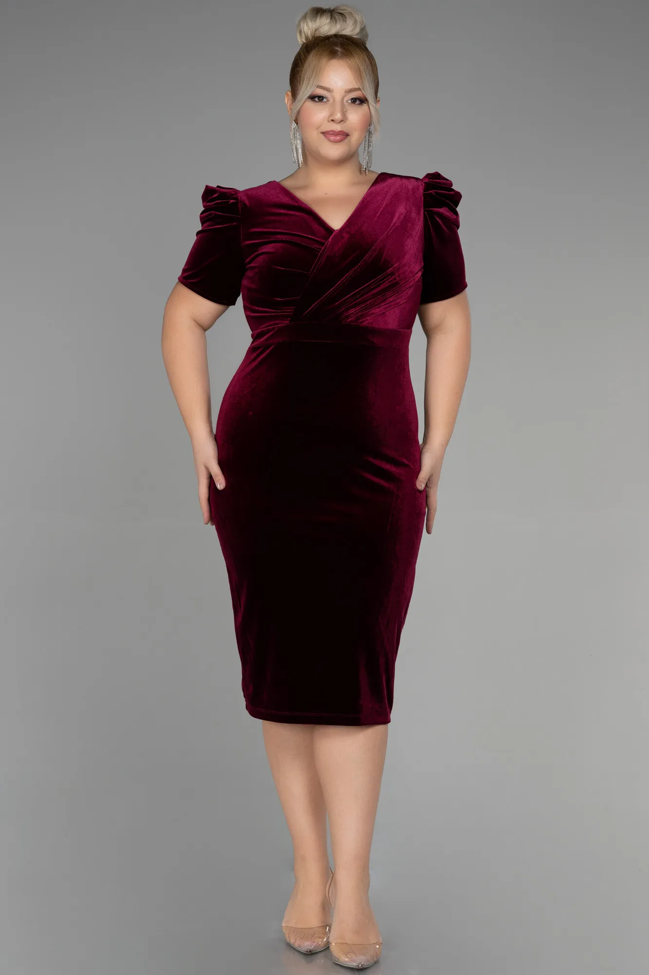 Burgundy-Midi Velvet Velvet Oversized Evening Dress ABK1874