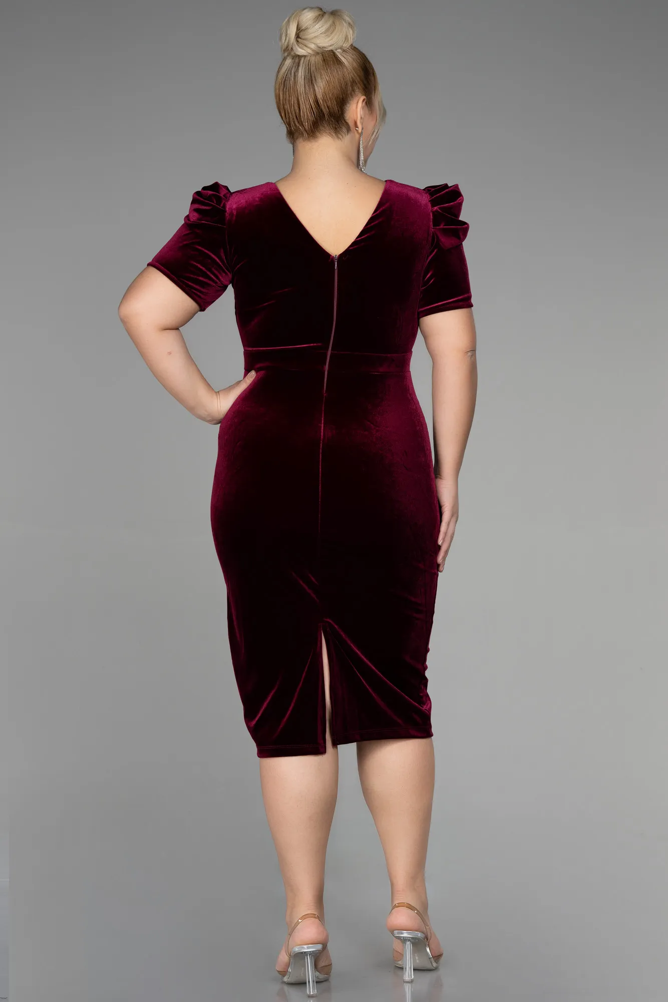 Burgundy-Midi Velvet Velvet Oversized Evening Dress ABK1874