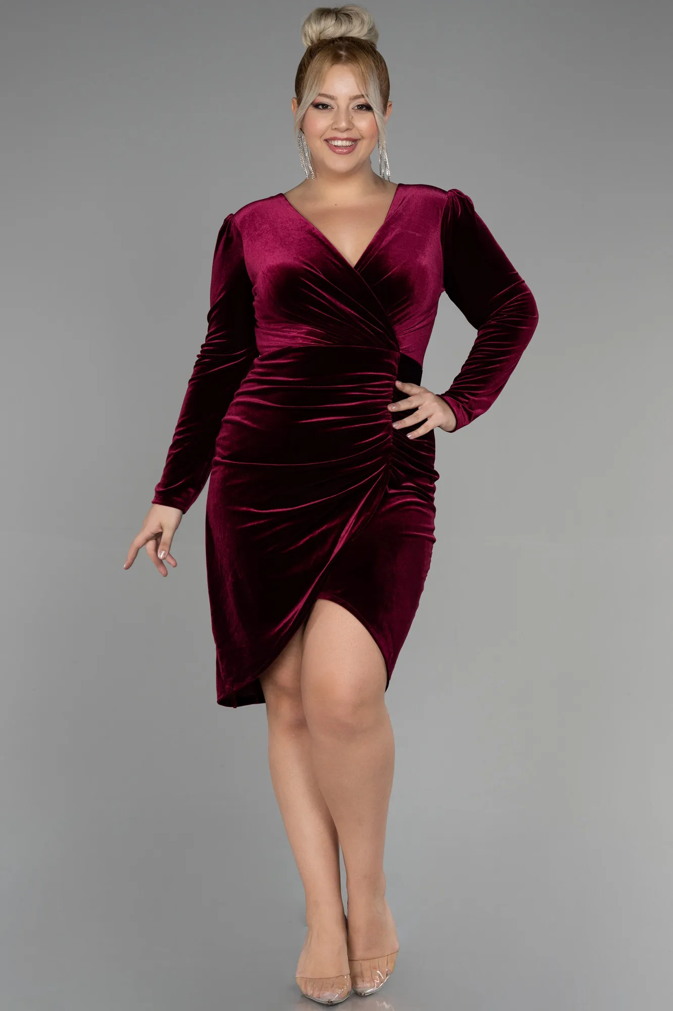 Burgundy-Midi Velvet Velvet Oversized Evening Dress ABK1875