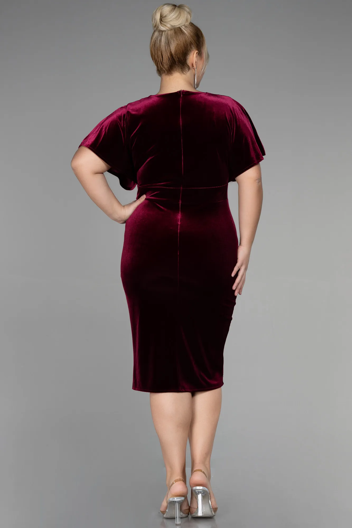 Burgundy-Midi Velvet Velvet Oversized Evening Dress ABK1876