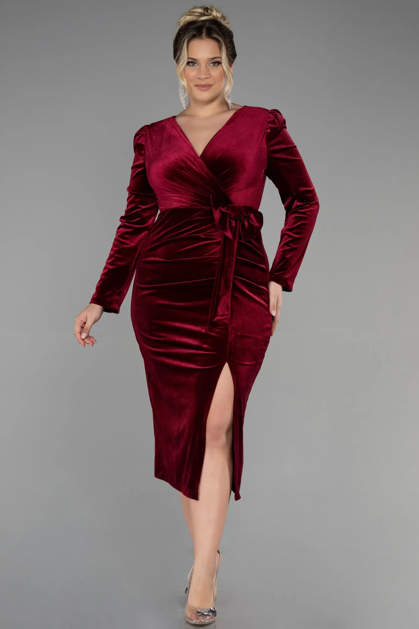 Burgundy-Midi Velvet Velvet Oversized Evening Dress ABK1897