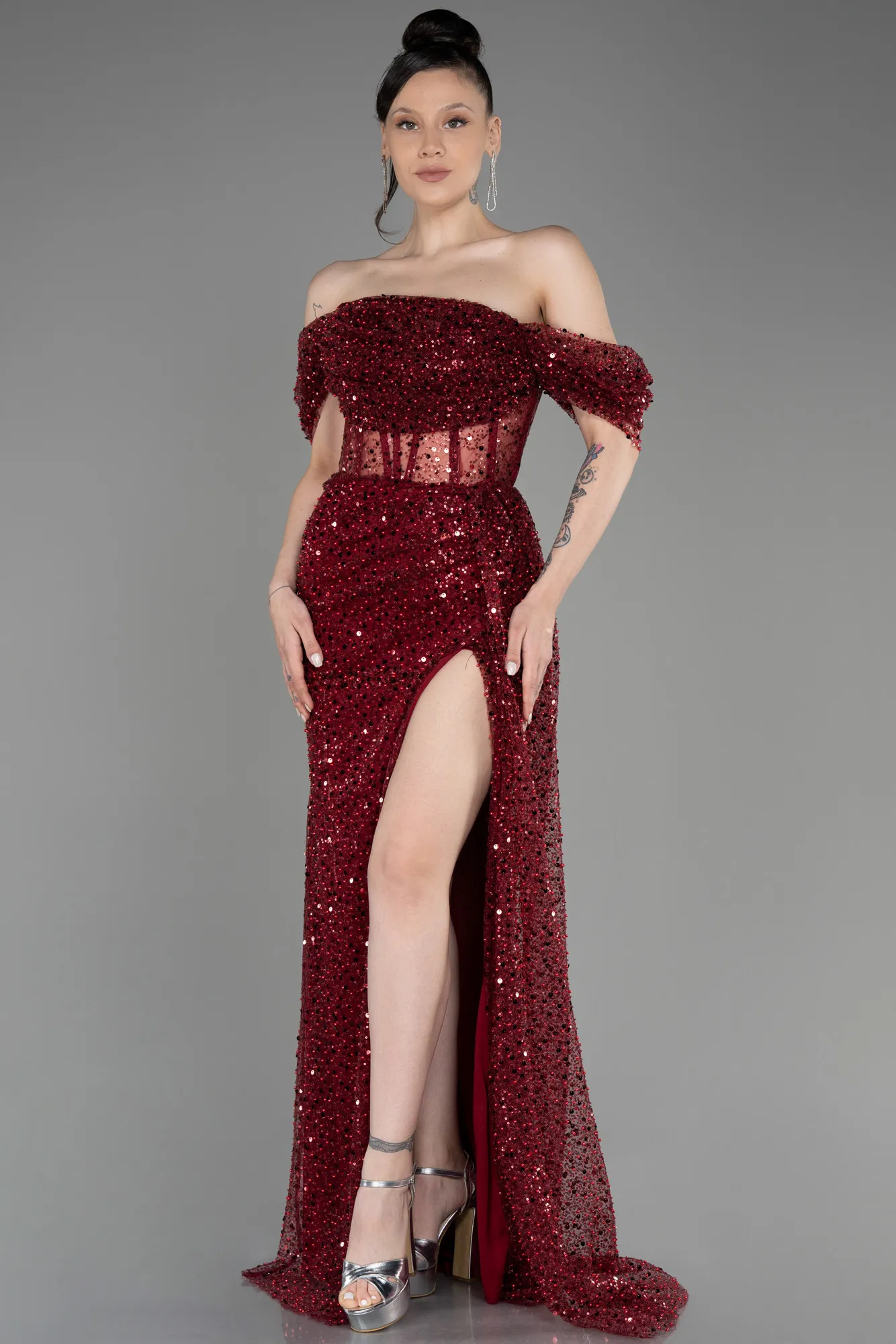 Burgundy-Off-Shoulder Slit Long Scaly Evening Dress ABU3847