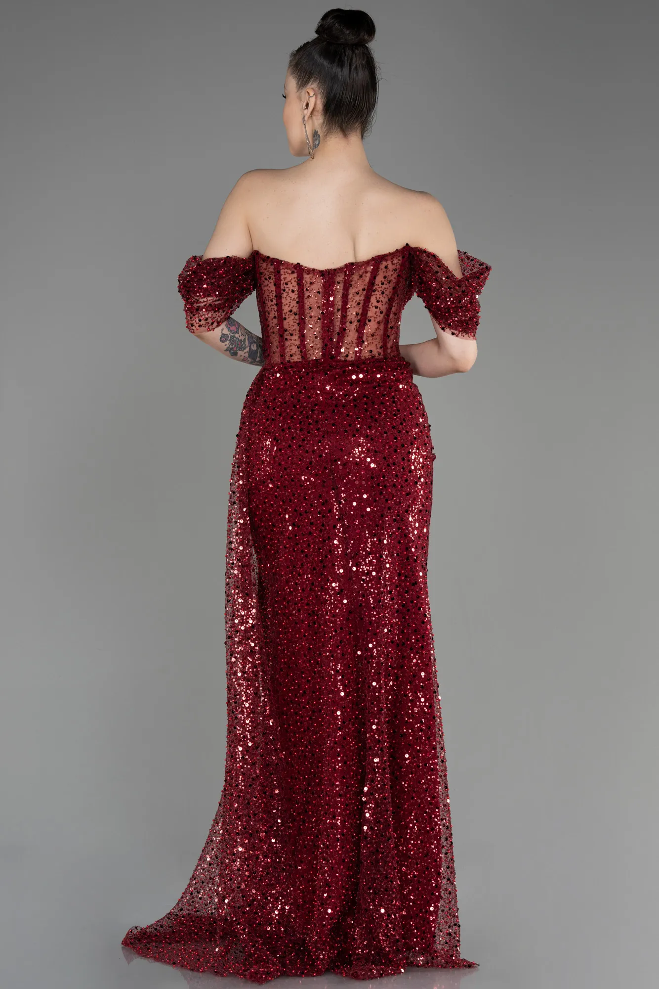 Burgundy-Off-Shoulder Slit Long Scaly Evening Dress ABU3847
