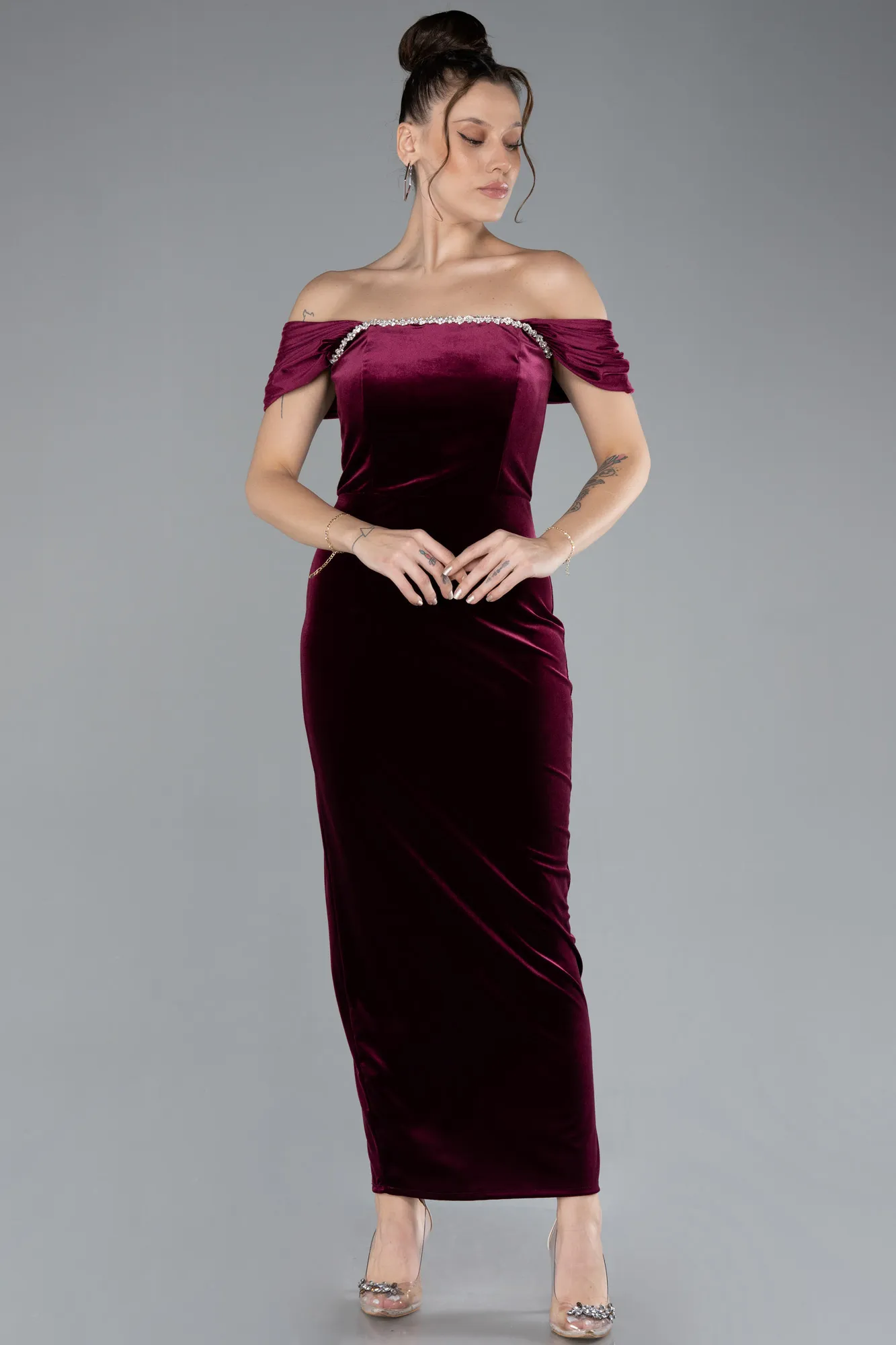 Burgundy-Off The Shoulder Midi Velvet Invitation Dress ABK2173