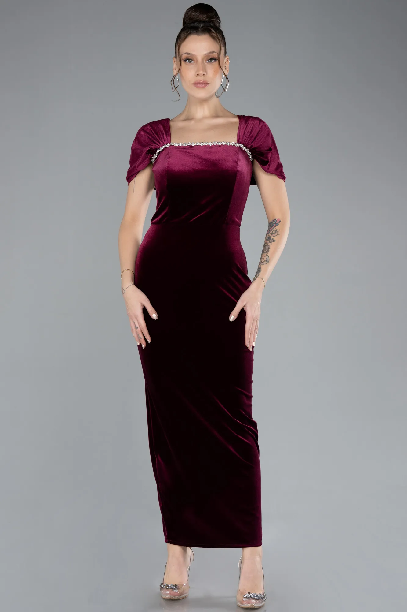 Burgundy-Off The Shoulder Midi Velvet Invitation Dress ABK2173