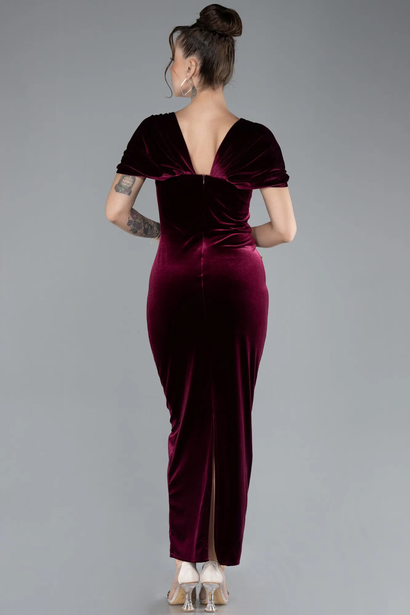 Burgundy-Off The Shoulder Midi Velvet Invitation Dress ABK2173