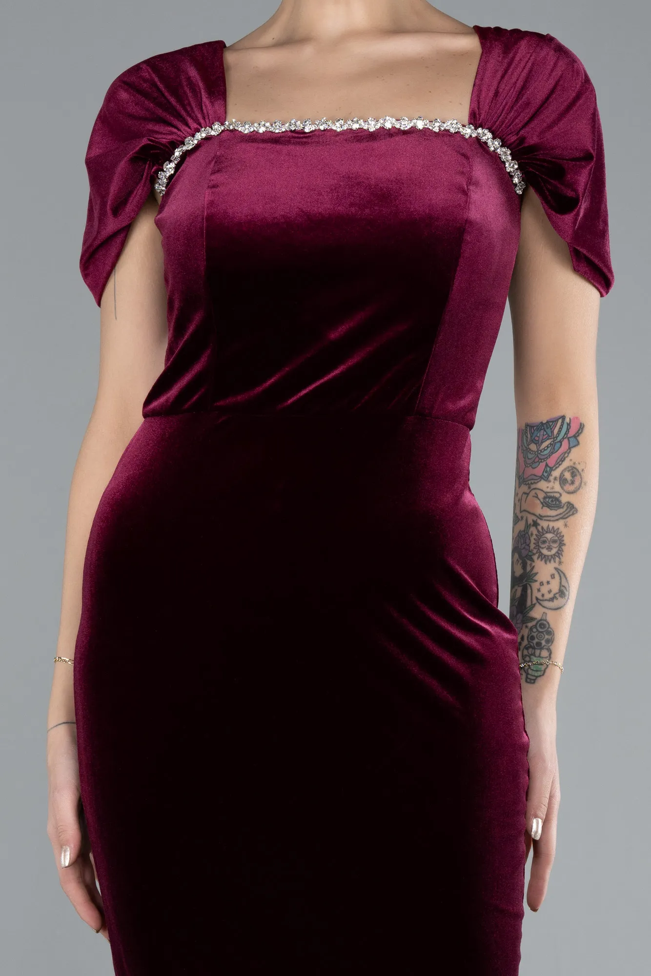 Burgundy-Off The Shoulder Midi Velvet Invitation Dress ABK2173