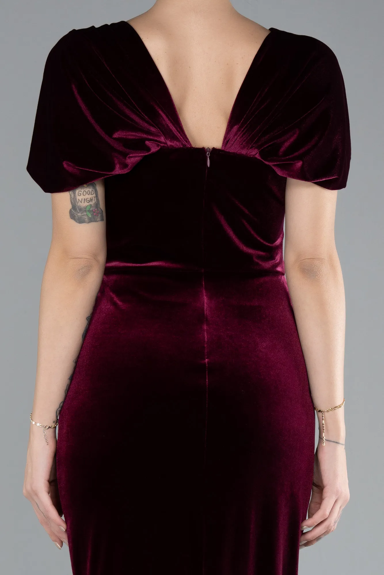 Burgundy-Off The Shoulder Midi Velvet Invitation Dress ABK2173