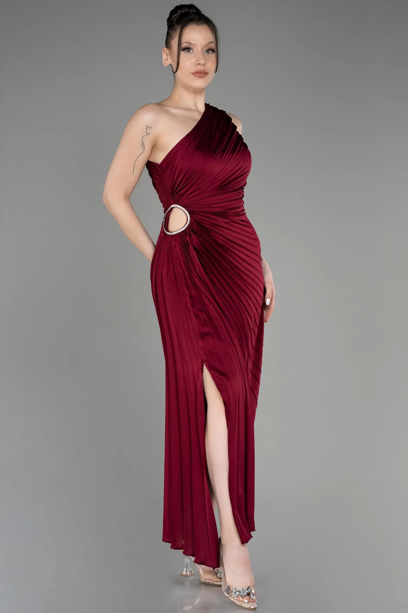 Burgundy-One Shoulder Midi Satin Cocktail Dress ABK2046