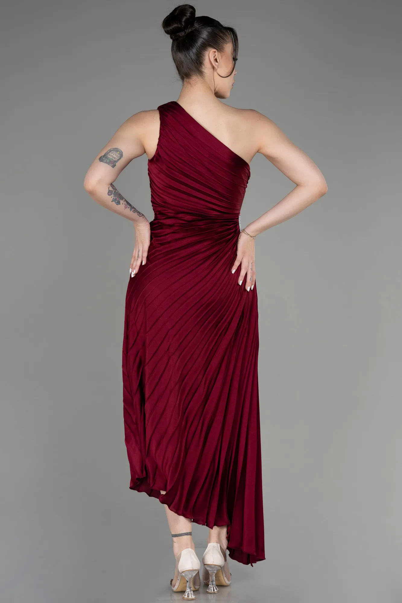 Burgundy-One Shoulder Midi Satin Cocktail Dress ABK2046