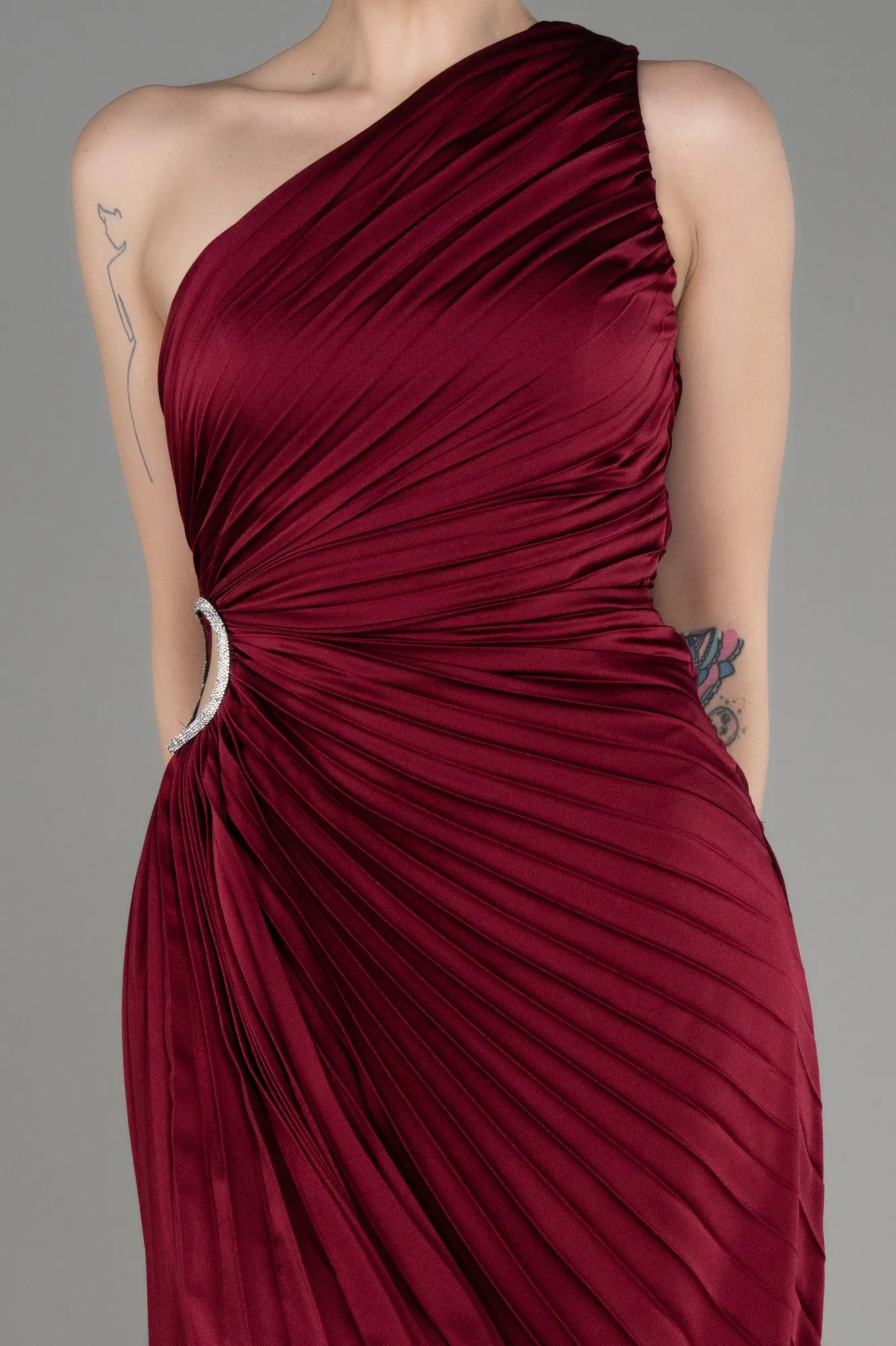 Burgundy-One Shoulder Midi Satin Cocktail Dress ABK2046