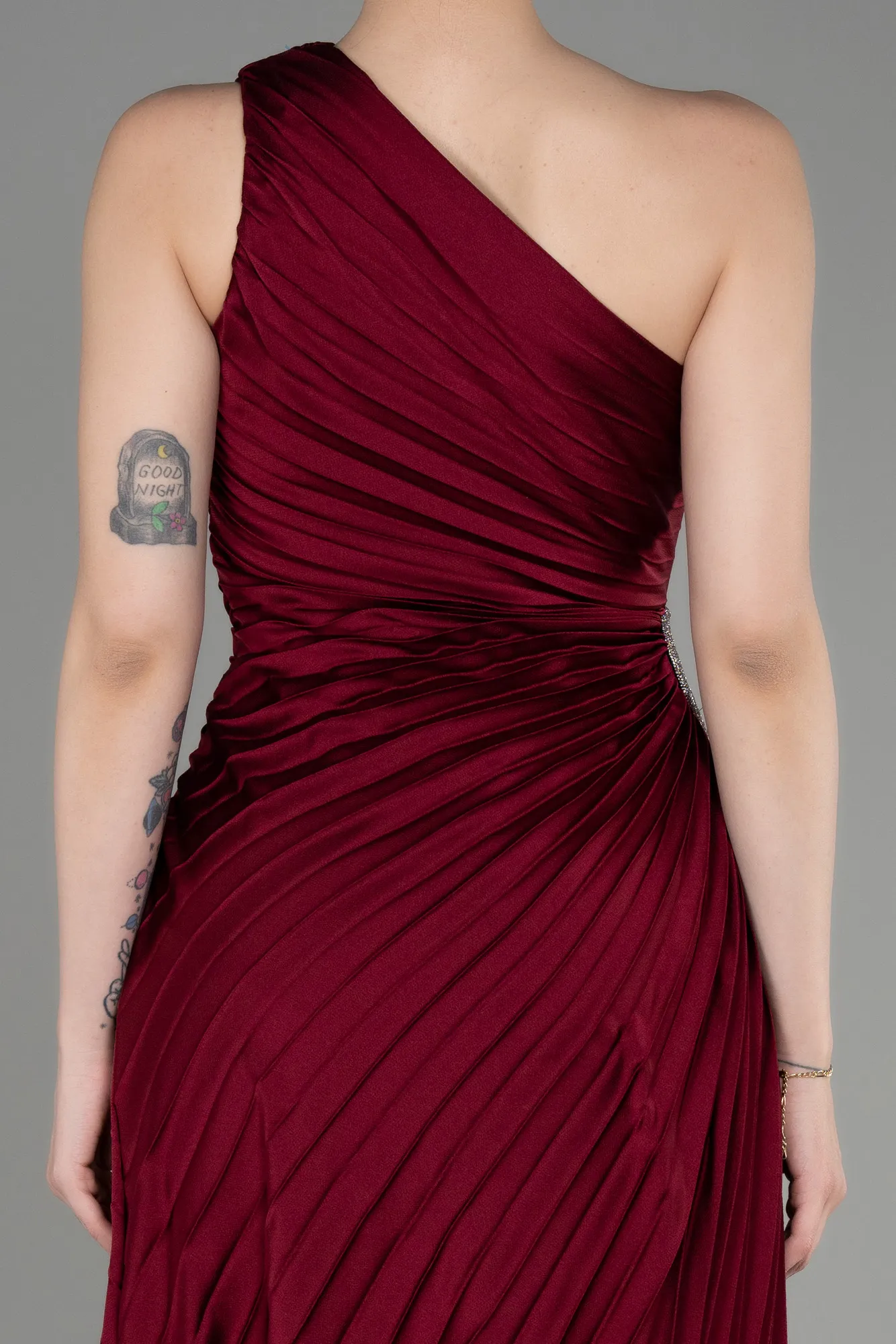 Burgundy-One Shoulder Midi Satin Cocktail Dress ABK2046