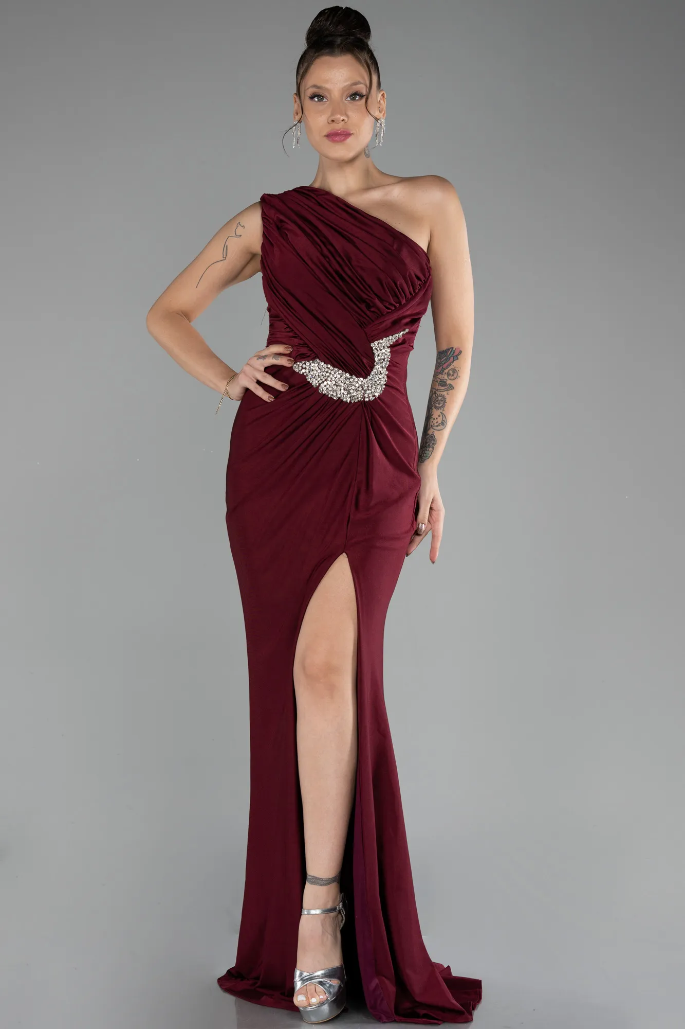 Burgundy-One Shoulder Slit Long Evening Dress ABU4116