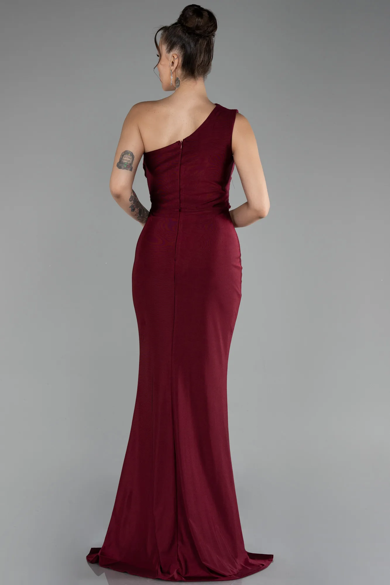 Burgundy-One Shoulder Slit Long Evening Dress ABU4116