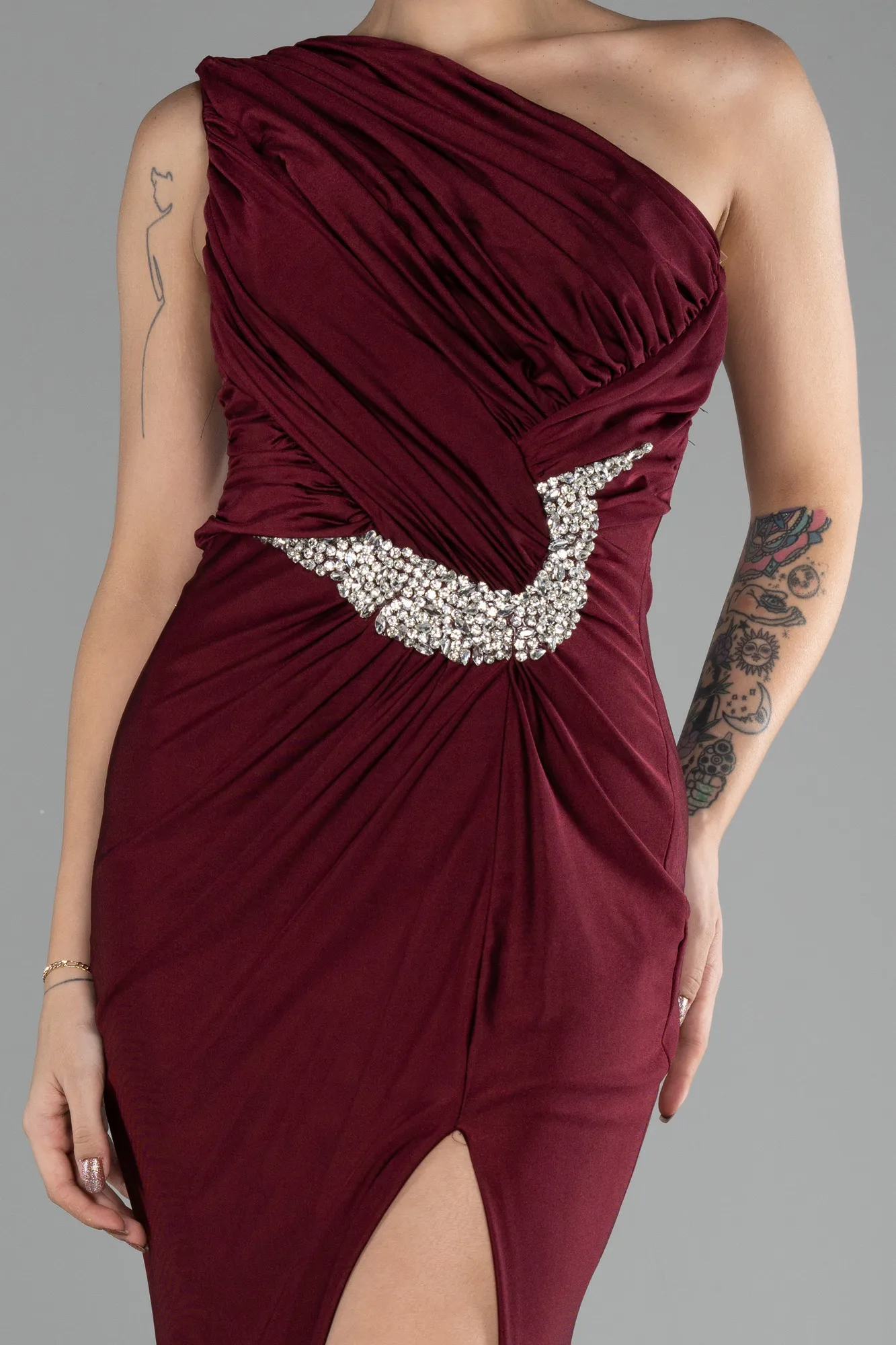 Burgundy-One Shoulder Slit Long Evening Dress ABU4116