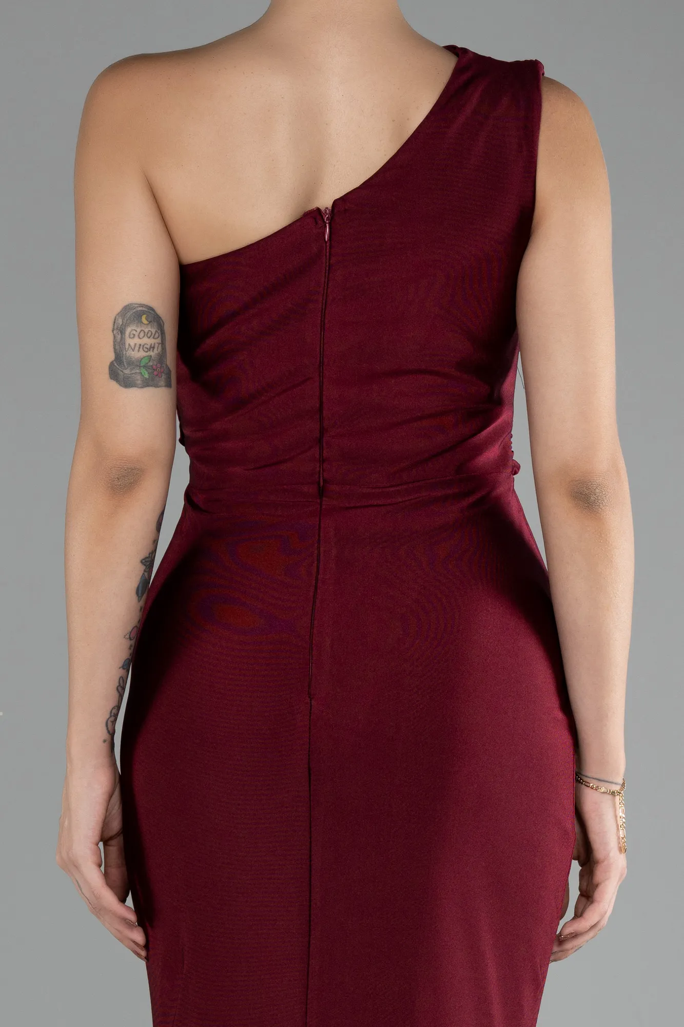 Burgundy-One Shoulder Slit Long Evening Dress ABU4116