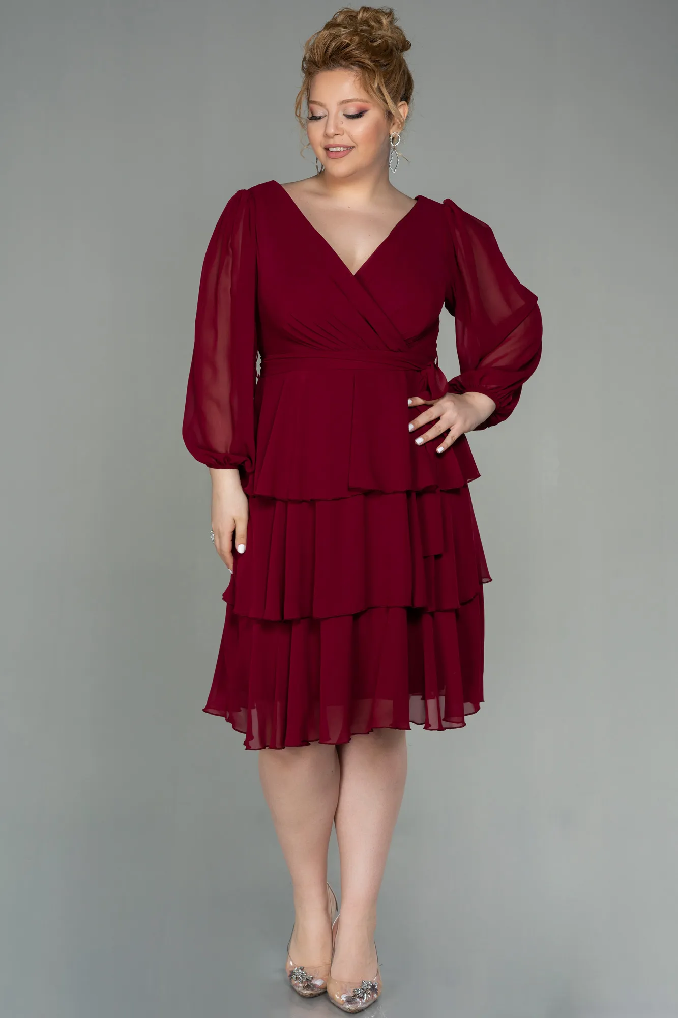 Burgundy-Short Chiffon Oversized Evening Dress ABK1002