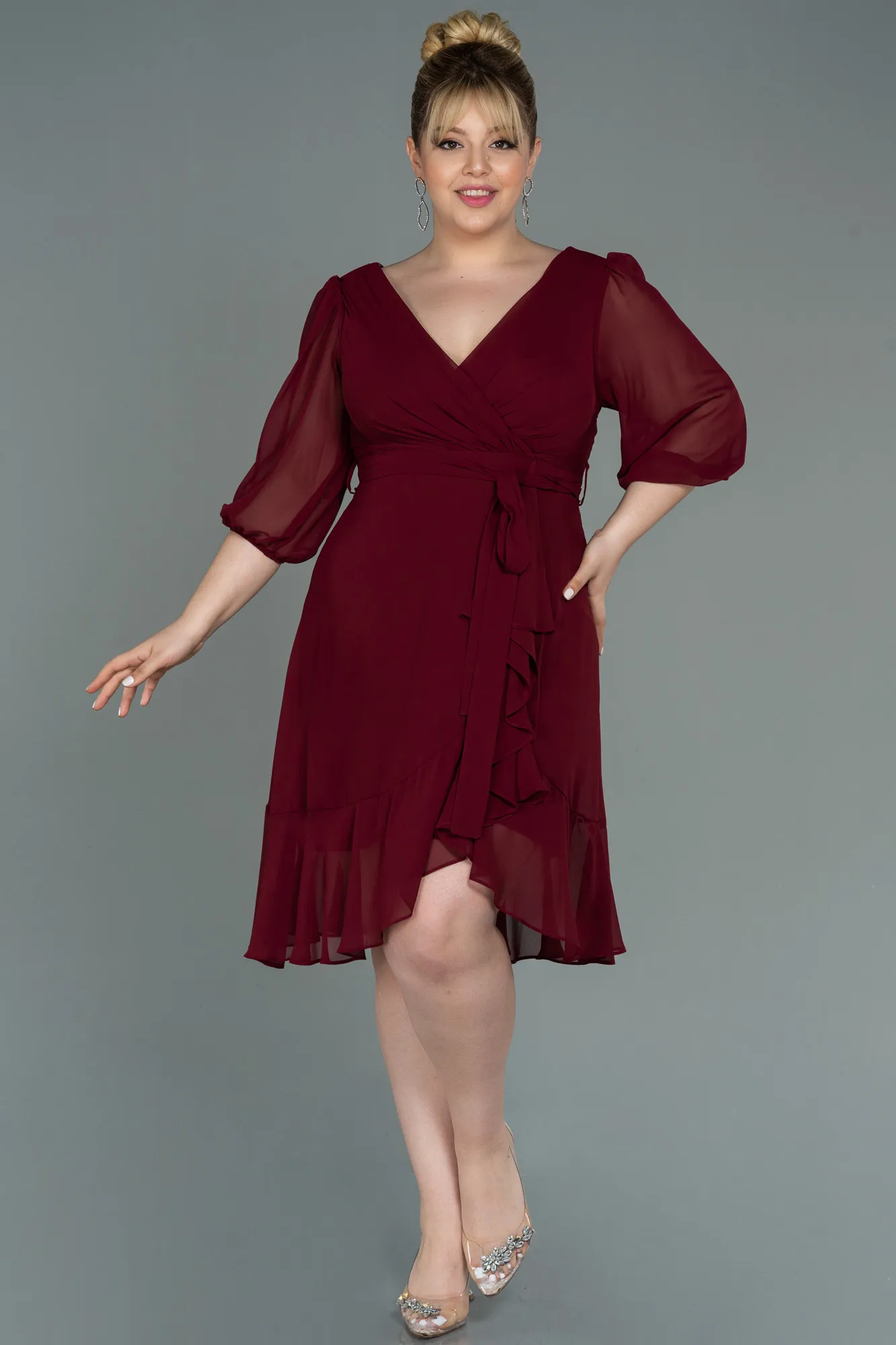 Burgundy-Short Chiffon Oversized Evening Dress ABK1340