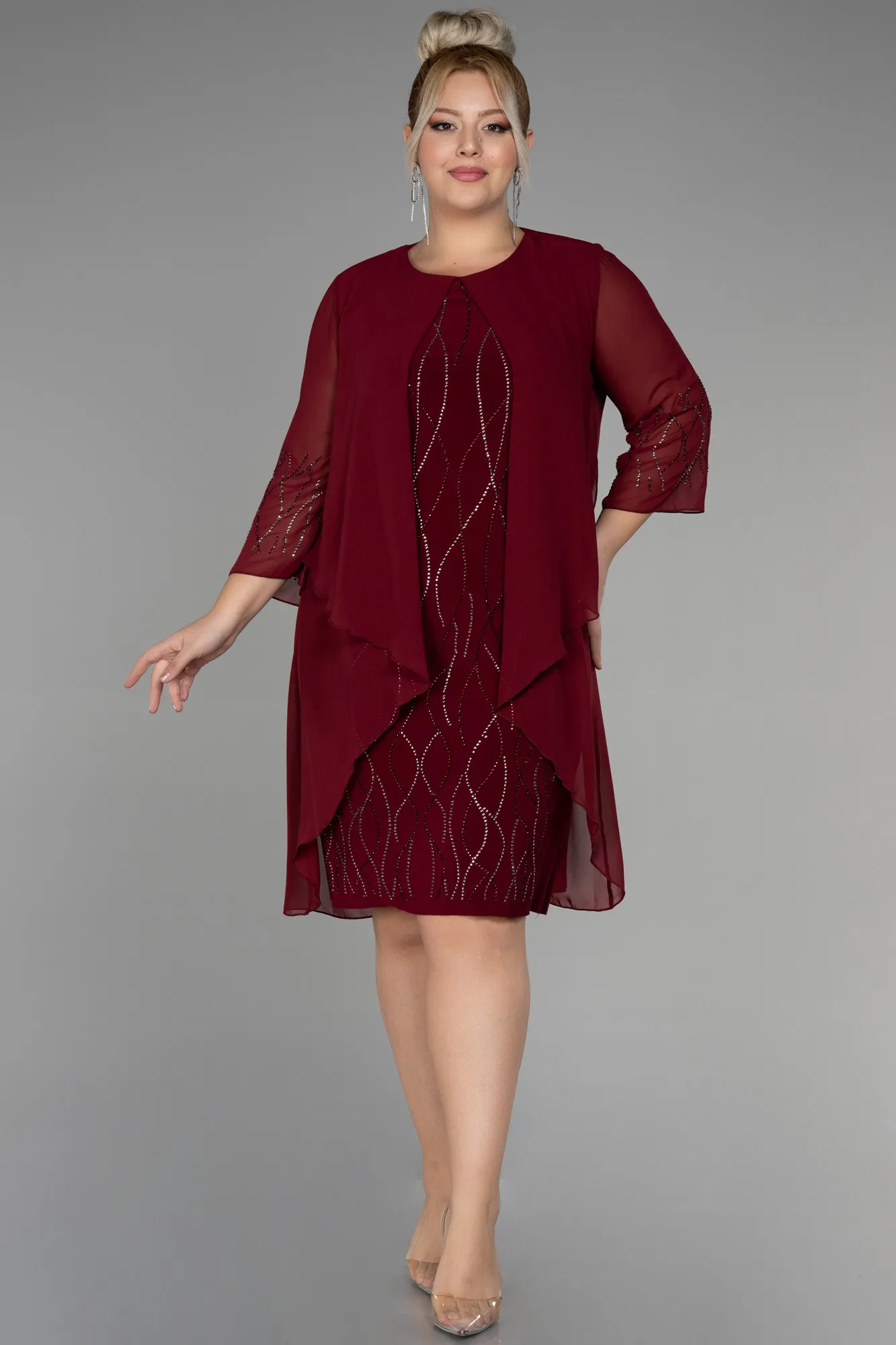 Burgundy-Short Chiffon Plus Size Evening Dress ABK1290
