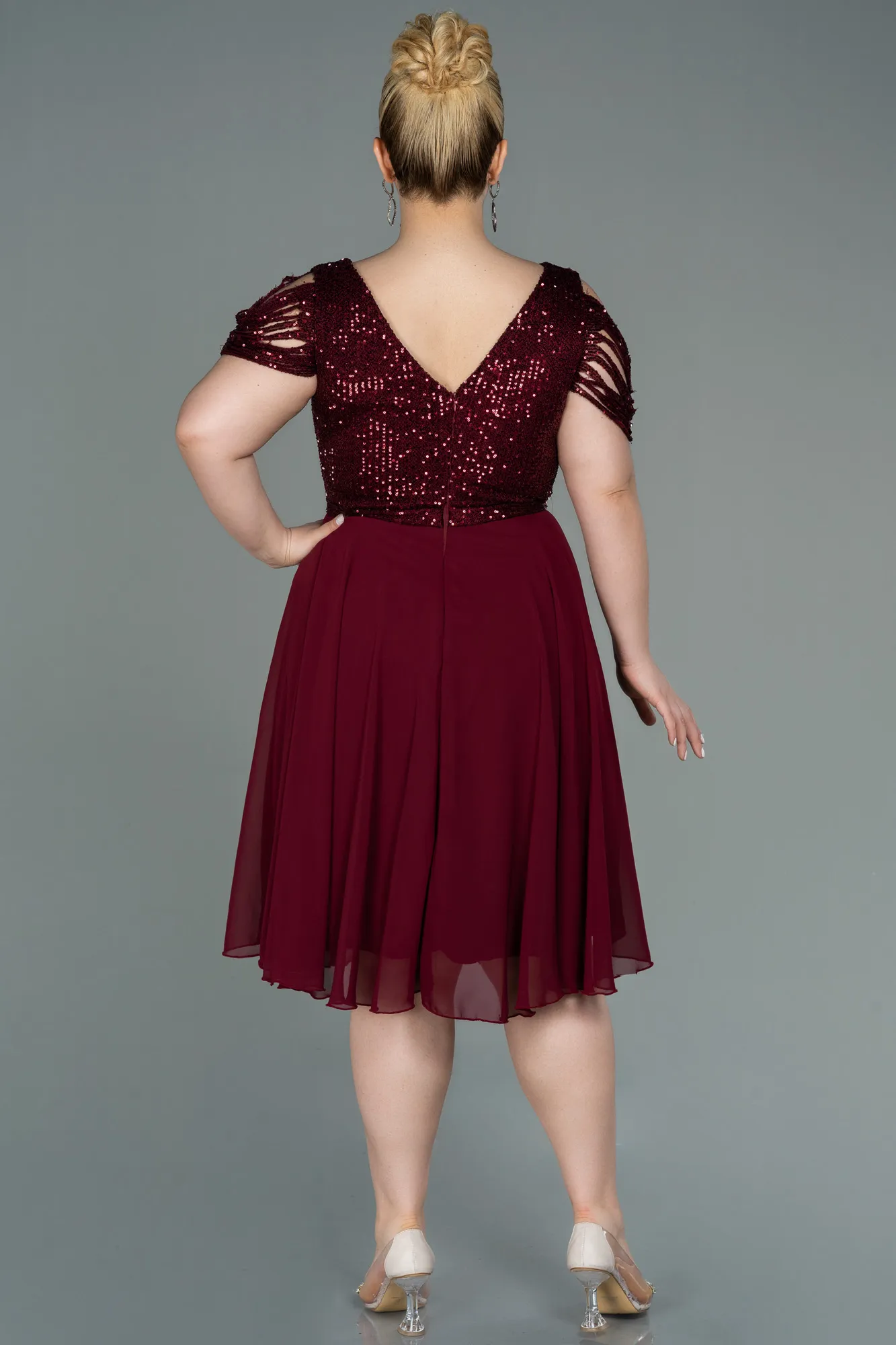 Burgundy-Short Chiffon Plus Size Evening Dress ABK1376