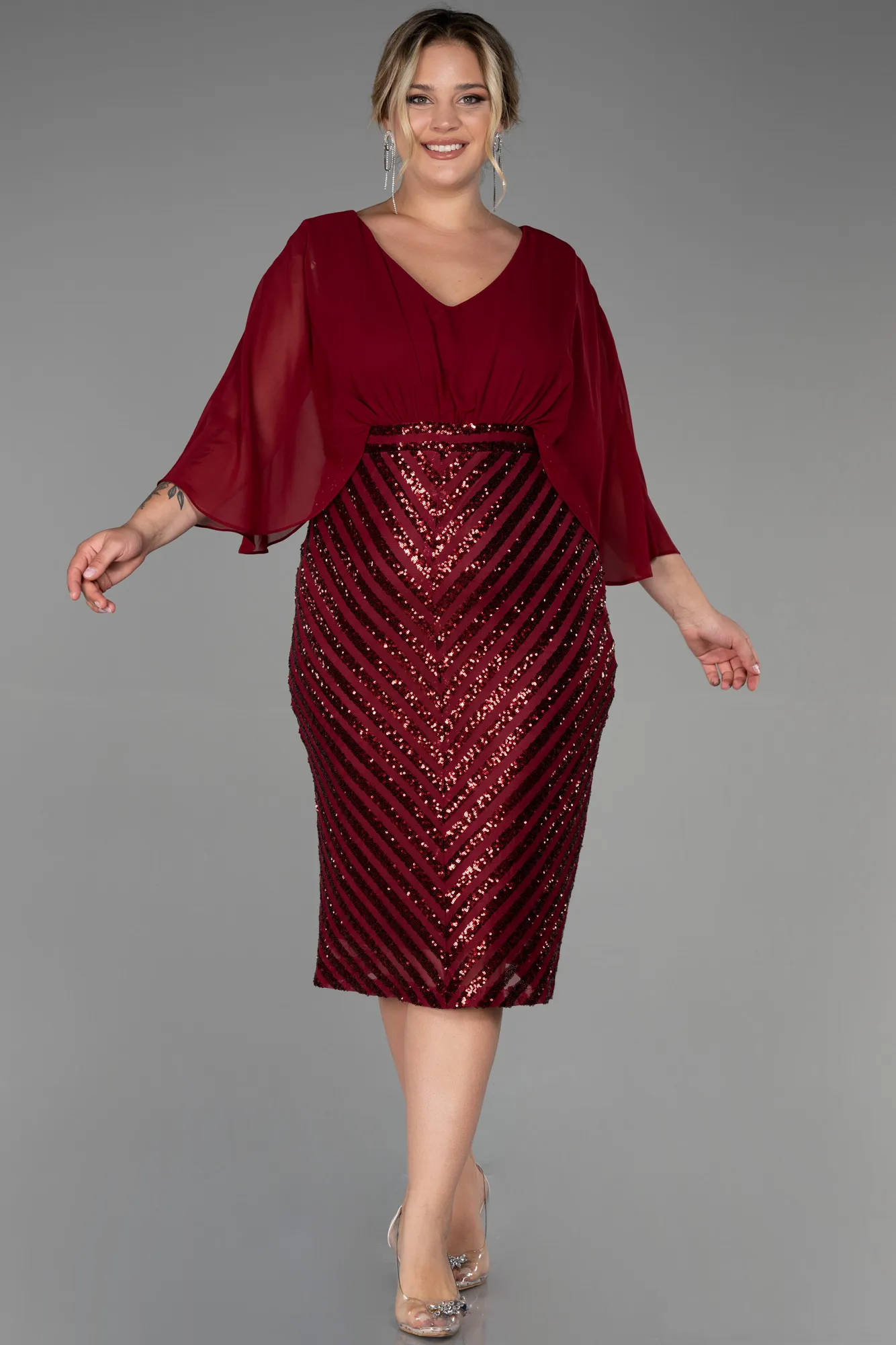 Burgundy-Short Chiffon Plus Size Evening Dress ABK1852