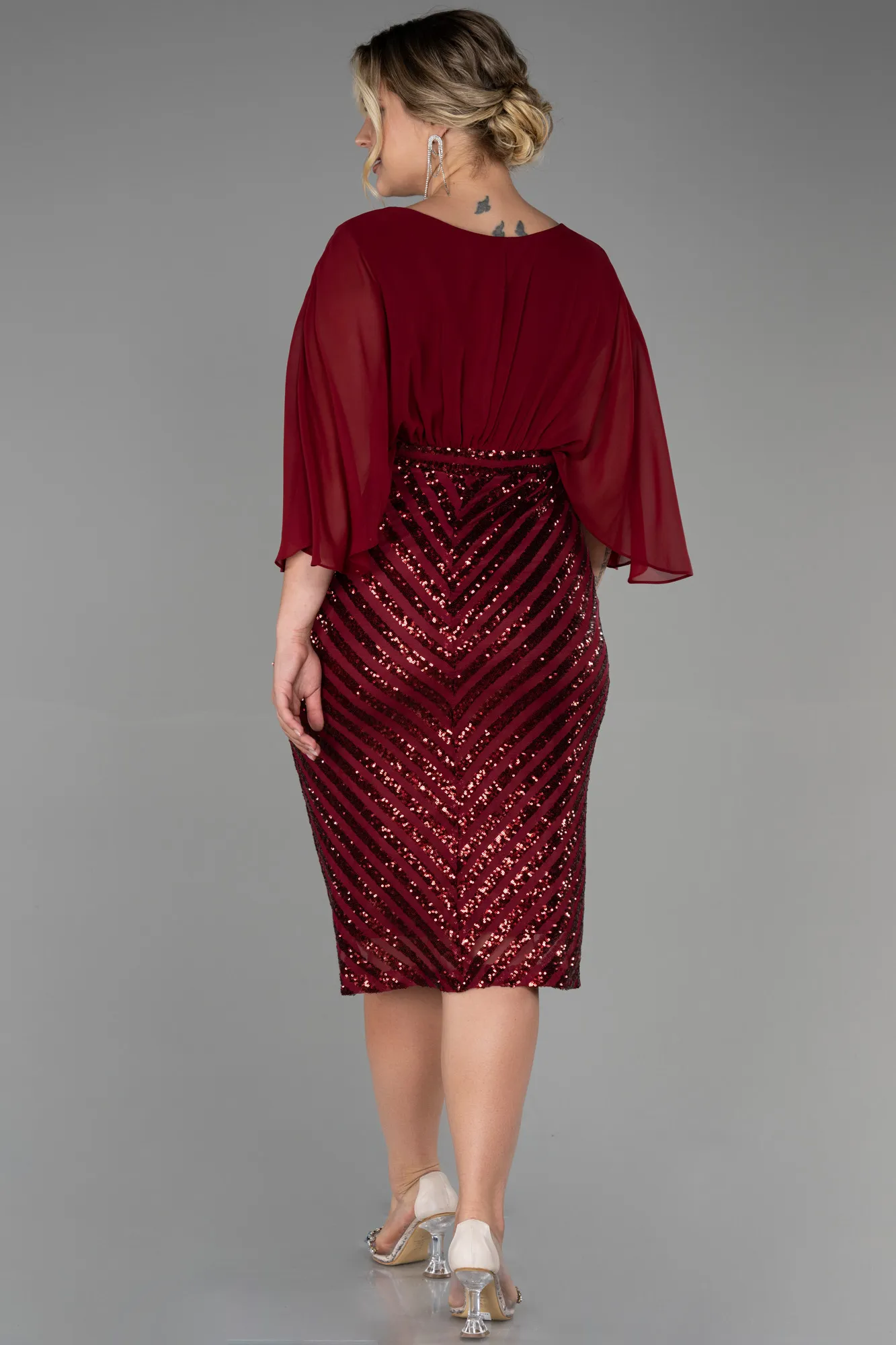Burgundy-Short Chiffon Plus Size Evening Dress ABK1852