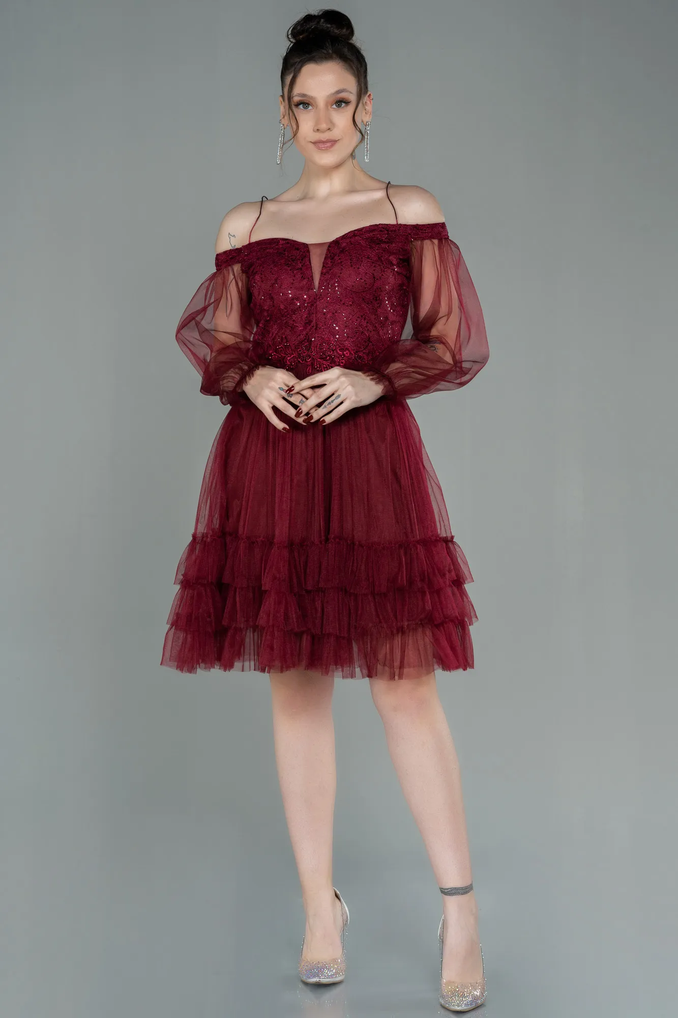 Burgundy-Short Invitation Dress ABK992