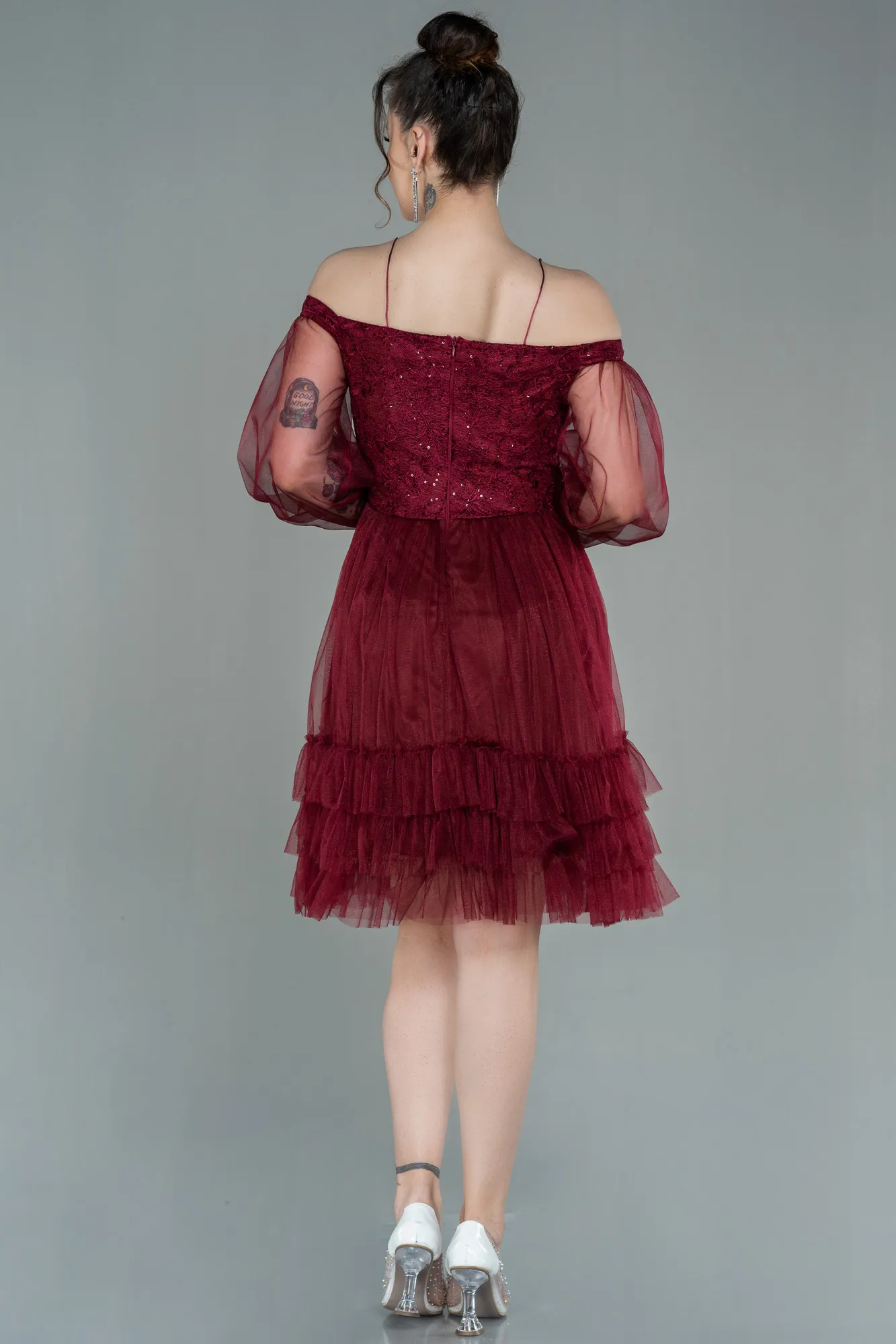 Burgundy-Short Invitation Dress ABK992