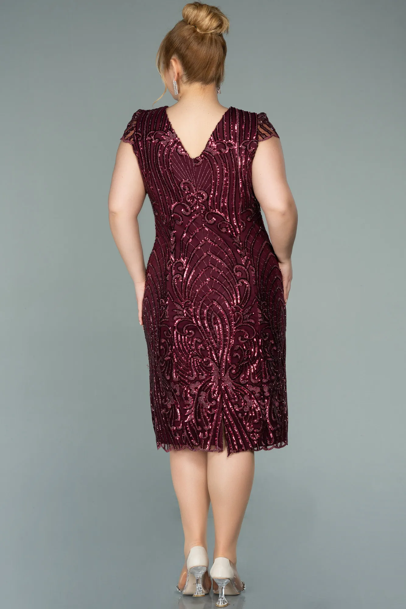 Burgundy-Short Laced Oversized Evening Dress ABK1283
