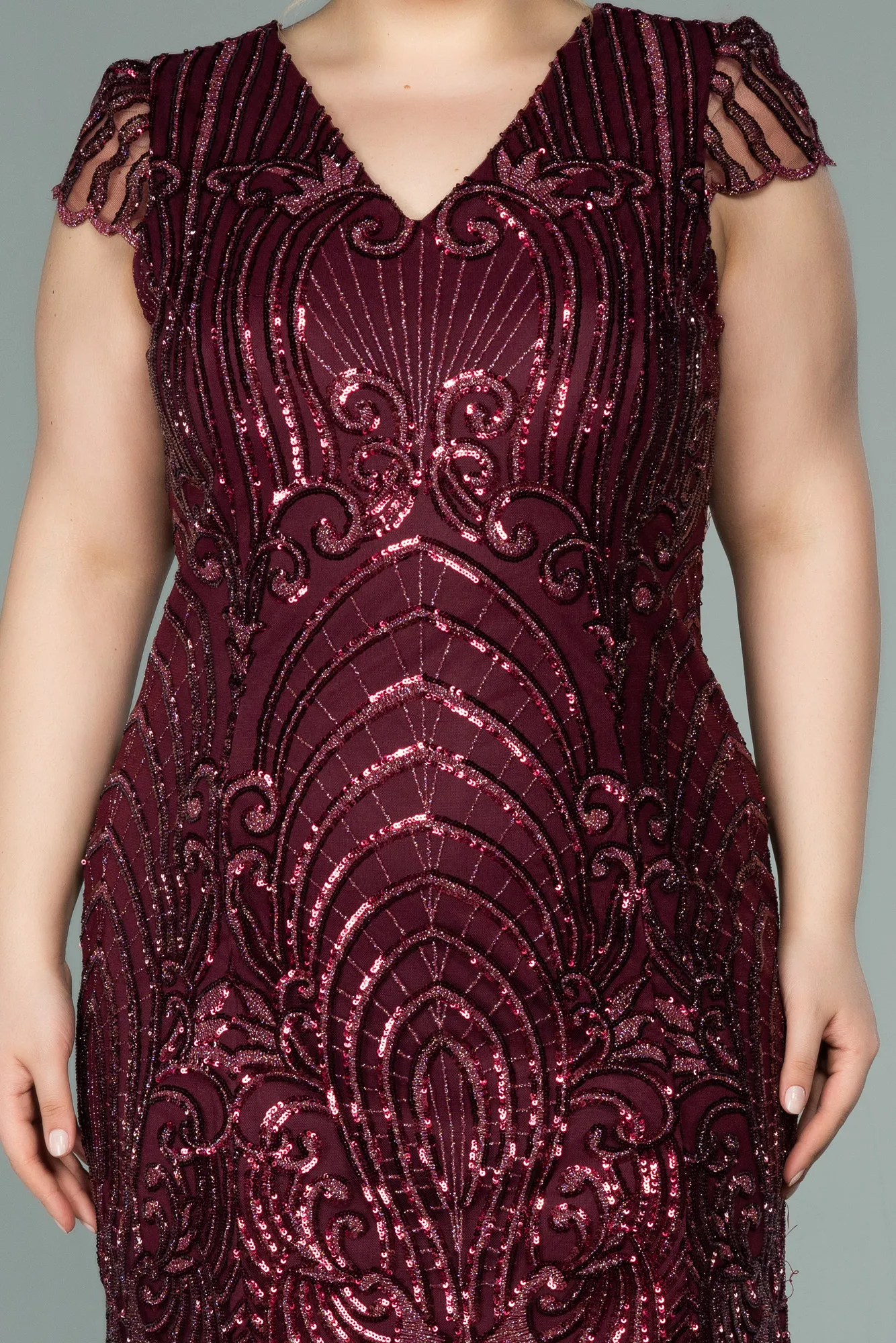 Burgundy-Short Laced Oversized Evening Dress ABK1283