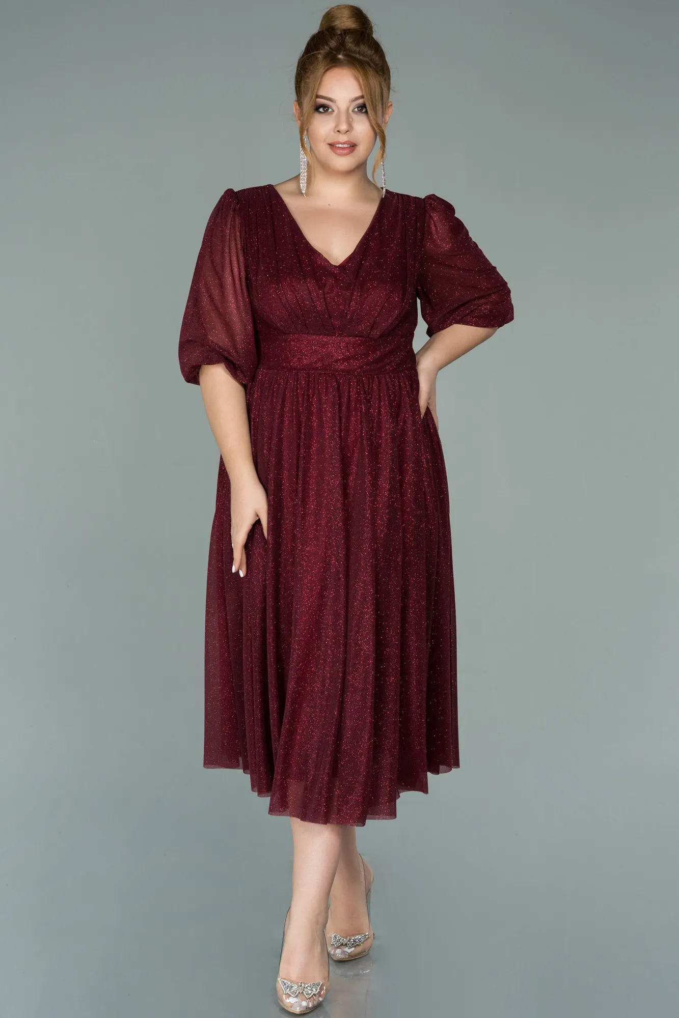 Burgundy-Short Plus Size Evening Dress ABK1098