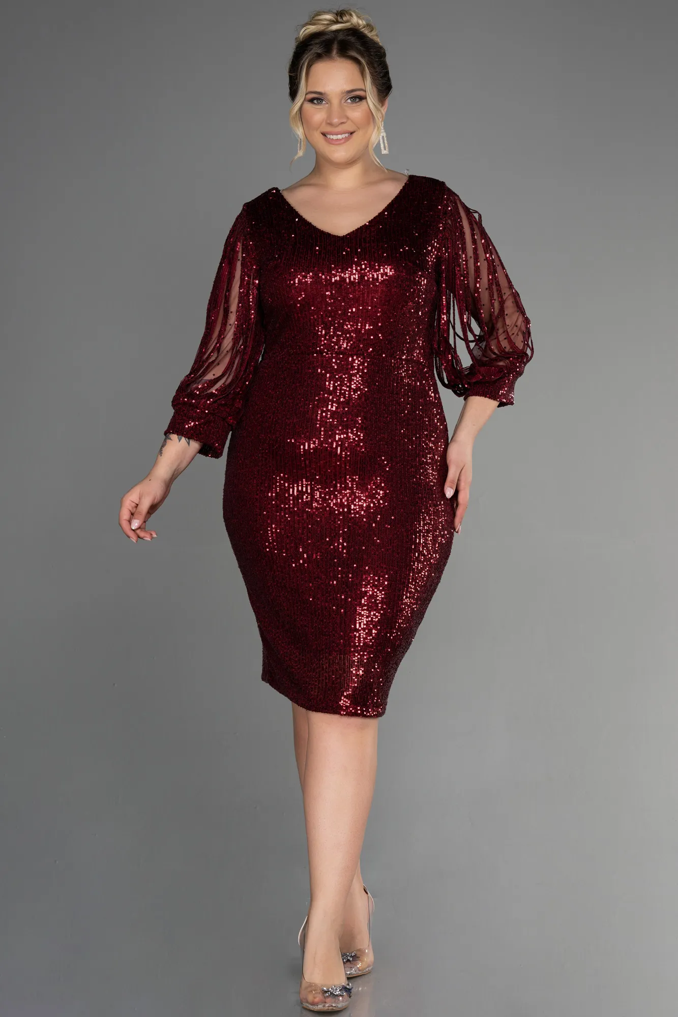 Burgundy-Short Plus Size Evening Dress ABK631