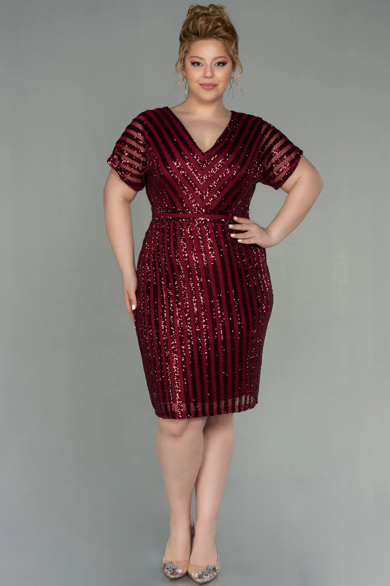 Burgundy-Short Plus Size Evening Dress ABK686