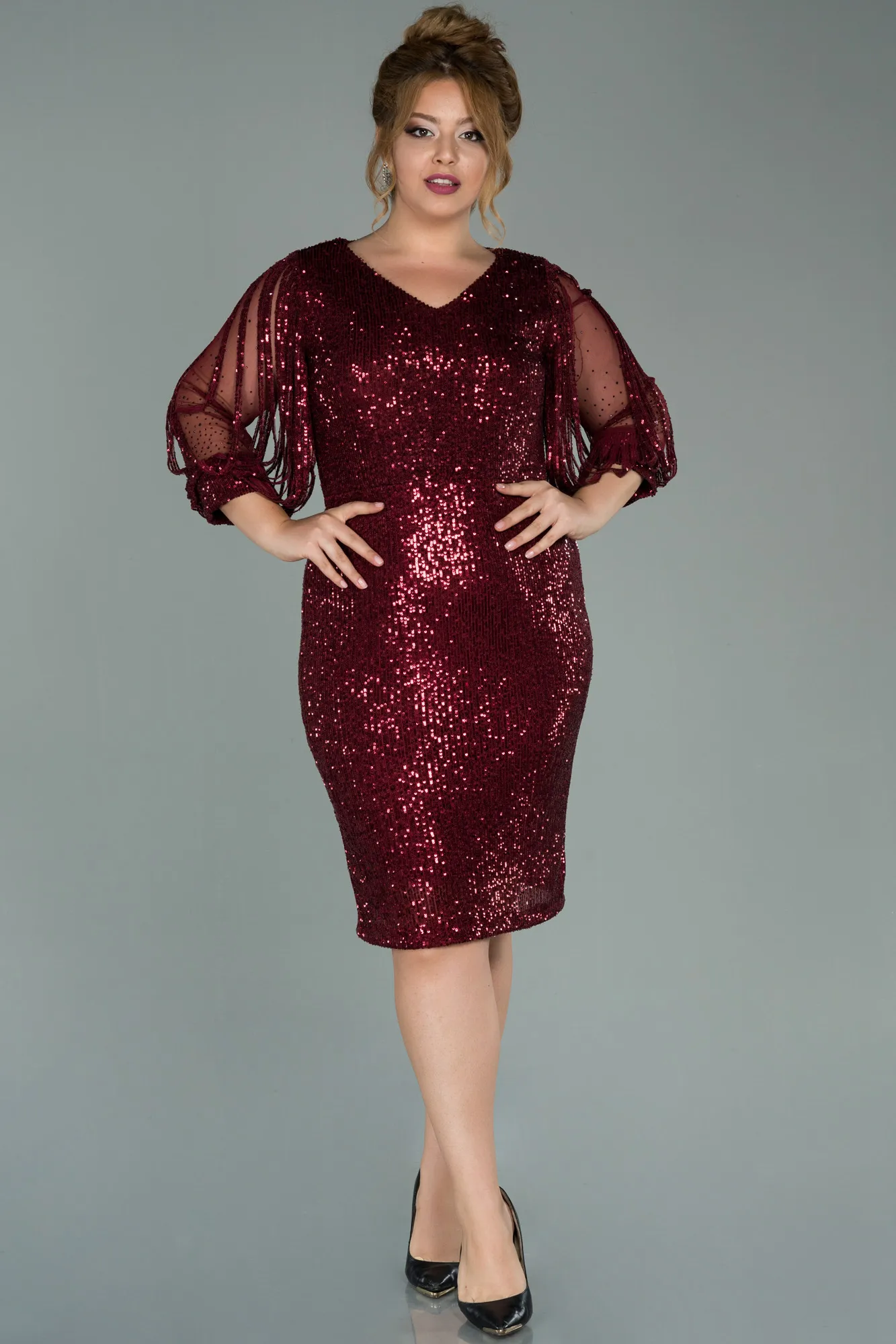 Burgundy-Short Plus Size Invitation Dress ABK1879