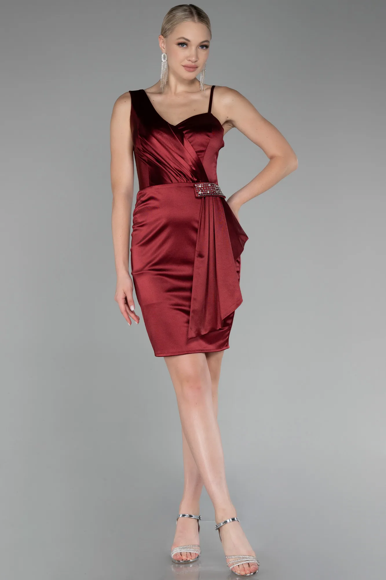 Burgundy-Short Satin Cocktail Dress ABK2024