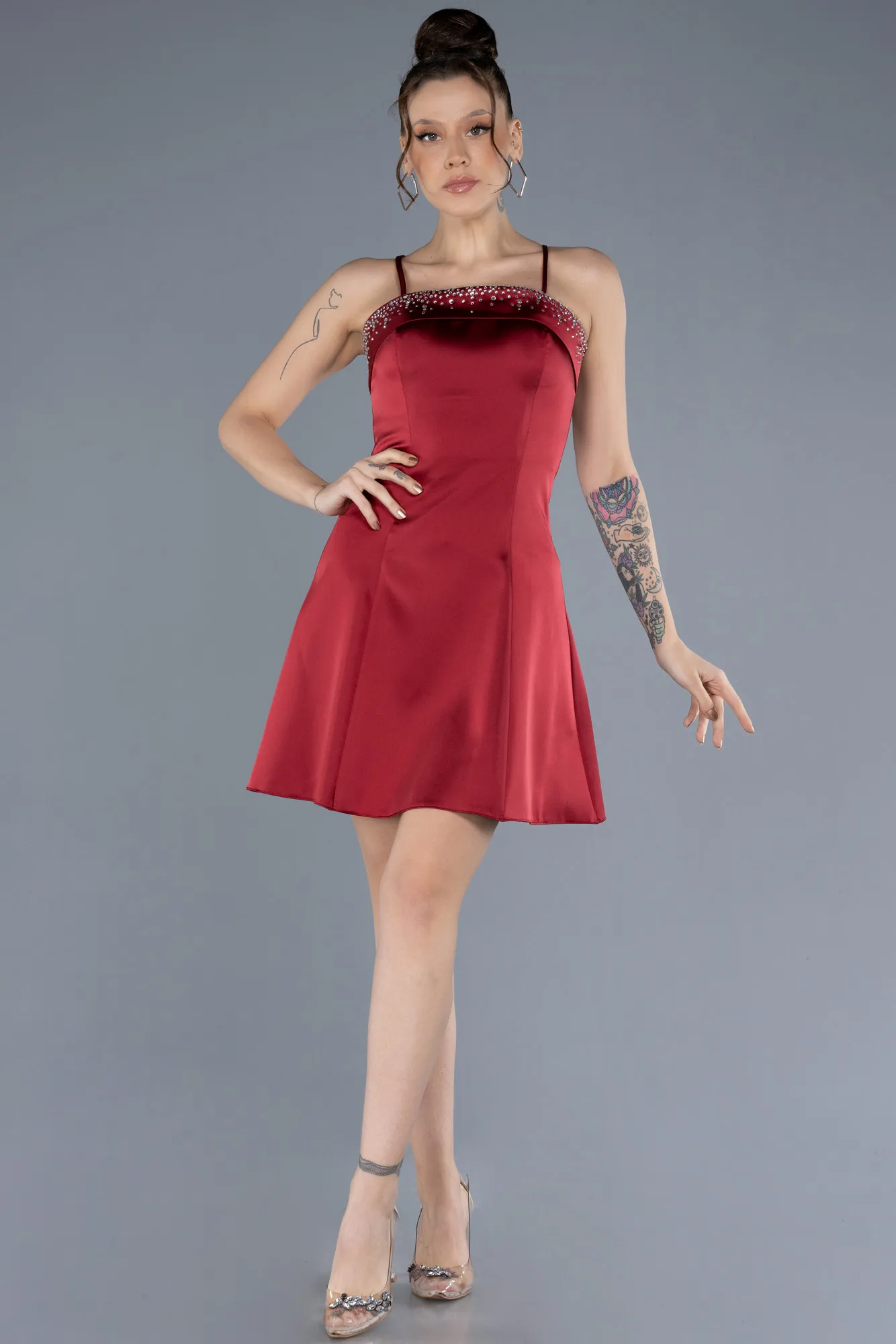 Burgundy-Short Satin Cocktail Dress ABK2225