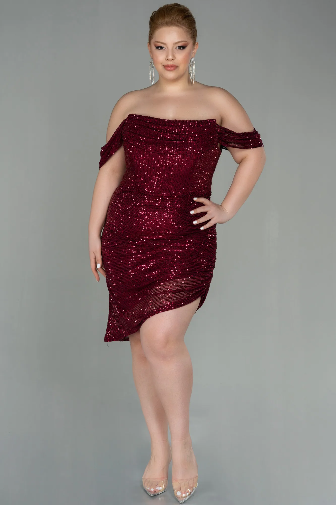 Burgundy-Short Scaly Plus Size Evening Dress ABK1603