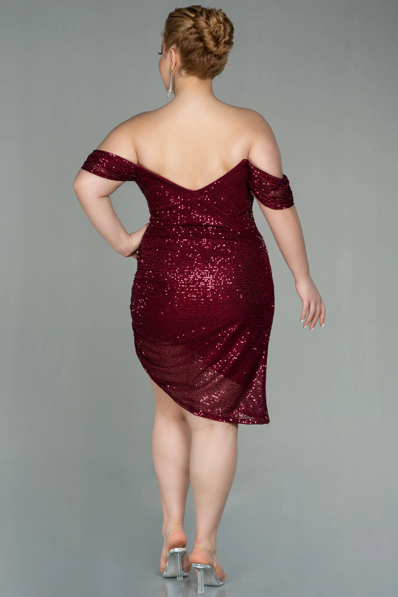 Burgundy-Short Scaly Plus Size Evening Dress ABK1603