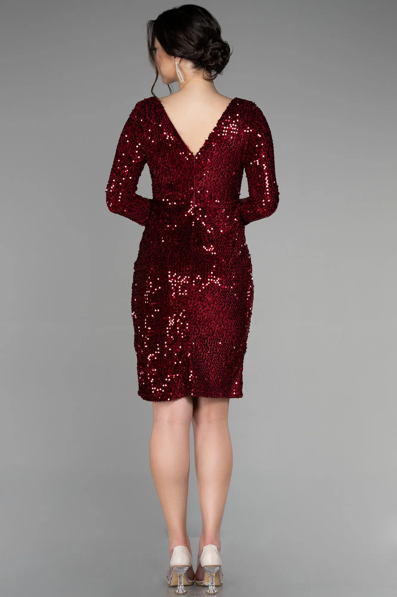 Burgundy-Short Sequined Velvet Invitation Dress ABK1158