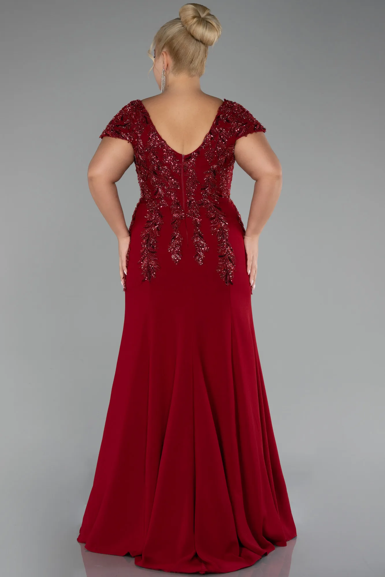 Burgundy-Short Sleeve Embroidered Long Plus Size Evening Gown ABU4191