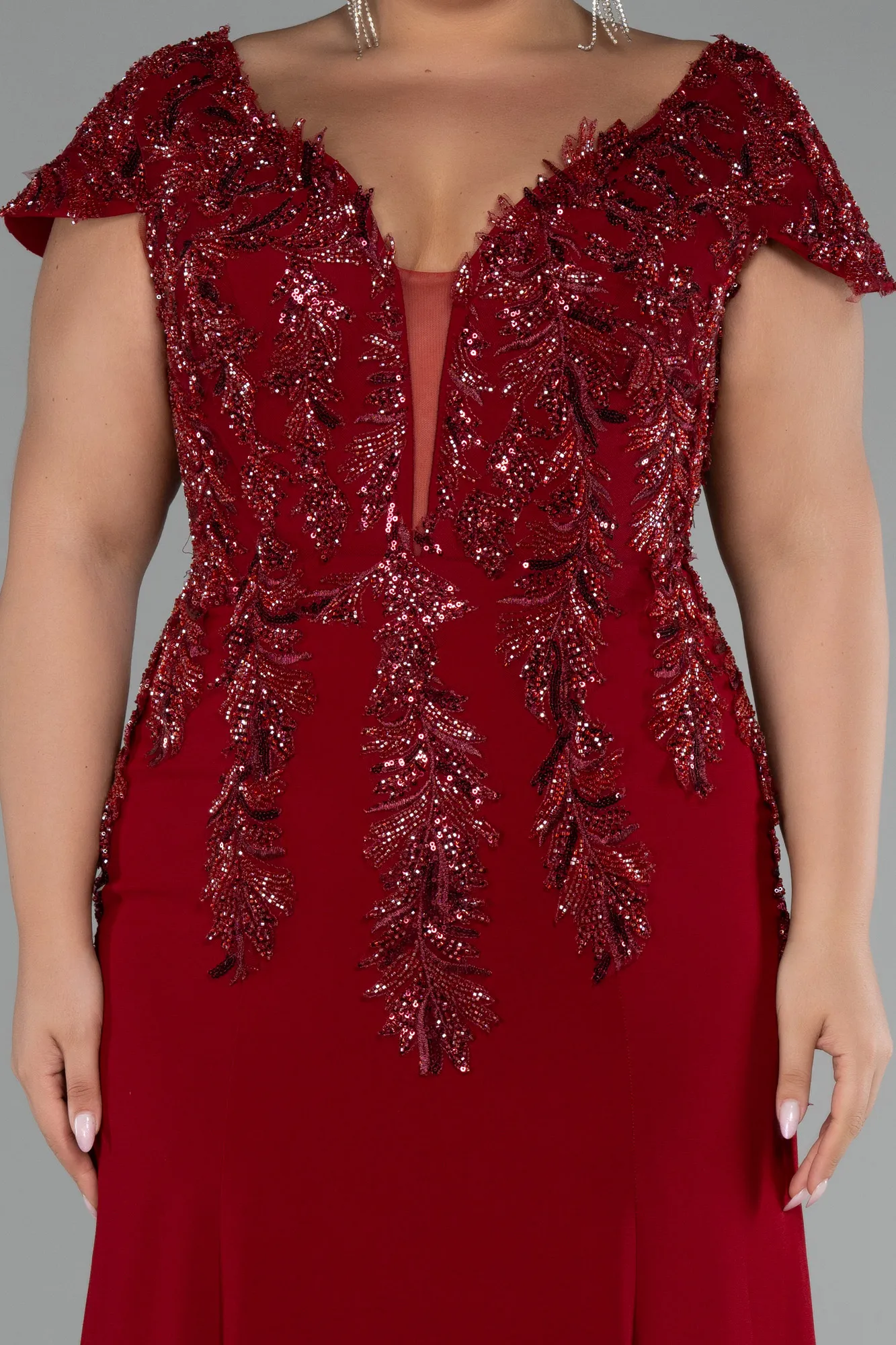 Burgundy-Short Sleeve Embroidered Long Plus Size Evening Gown ABU4191